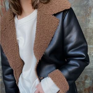 NWOT OAK+FORT Brown and Black Faux Leather Coat